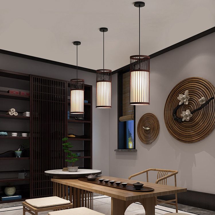 Muto Weave Cylinder Pendant Light, Coffee/Wood, /Bamboo