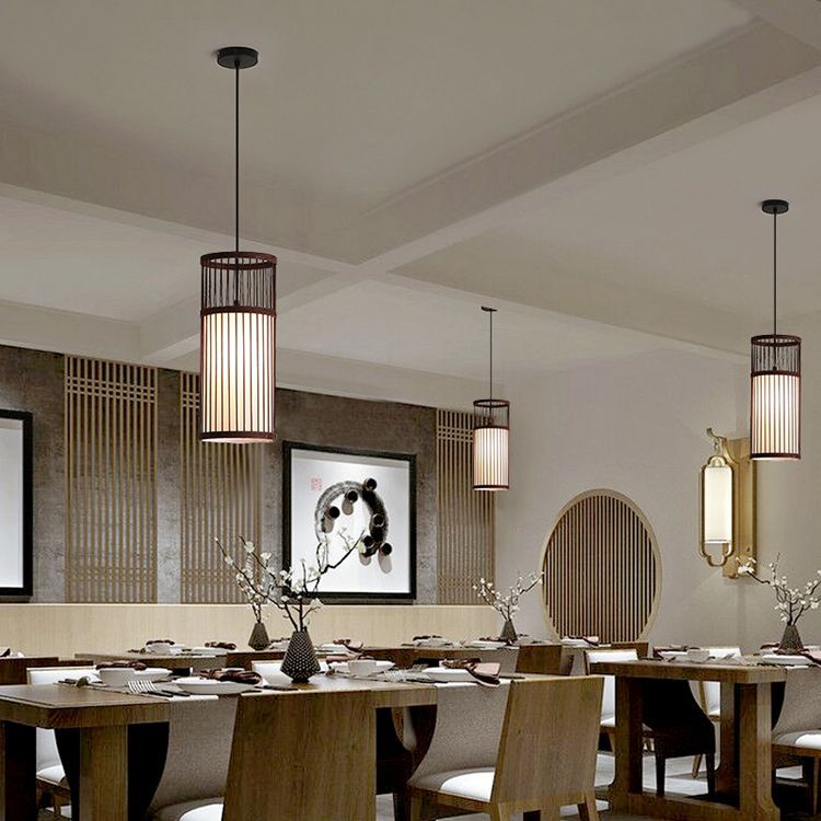 Muto Weave Cylinder Pendant Light, Coffee/Wood, /Bamboo