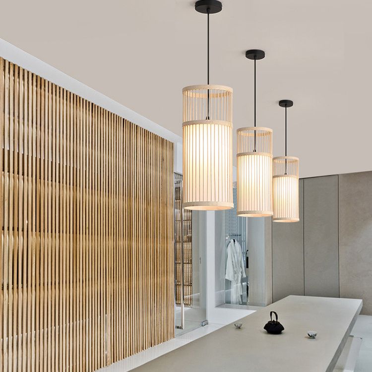 Muto Weave Cylinder Pendant Light, Coffee/Wood, /Bamboo