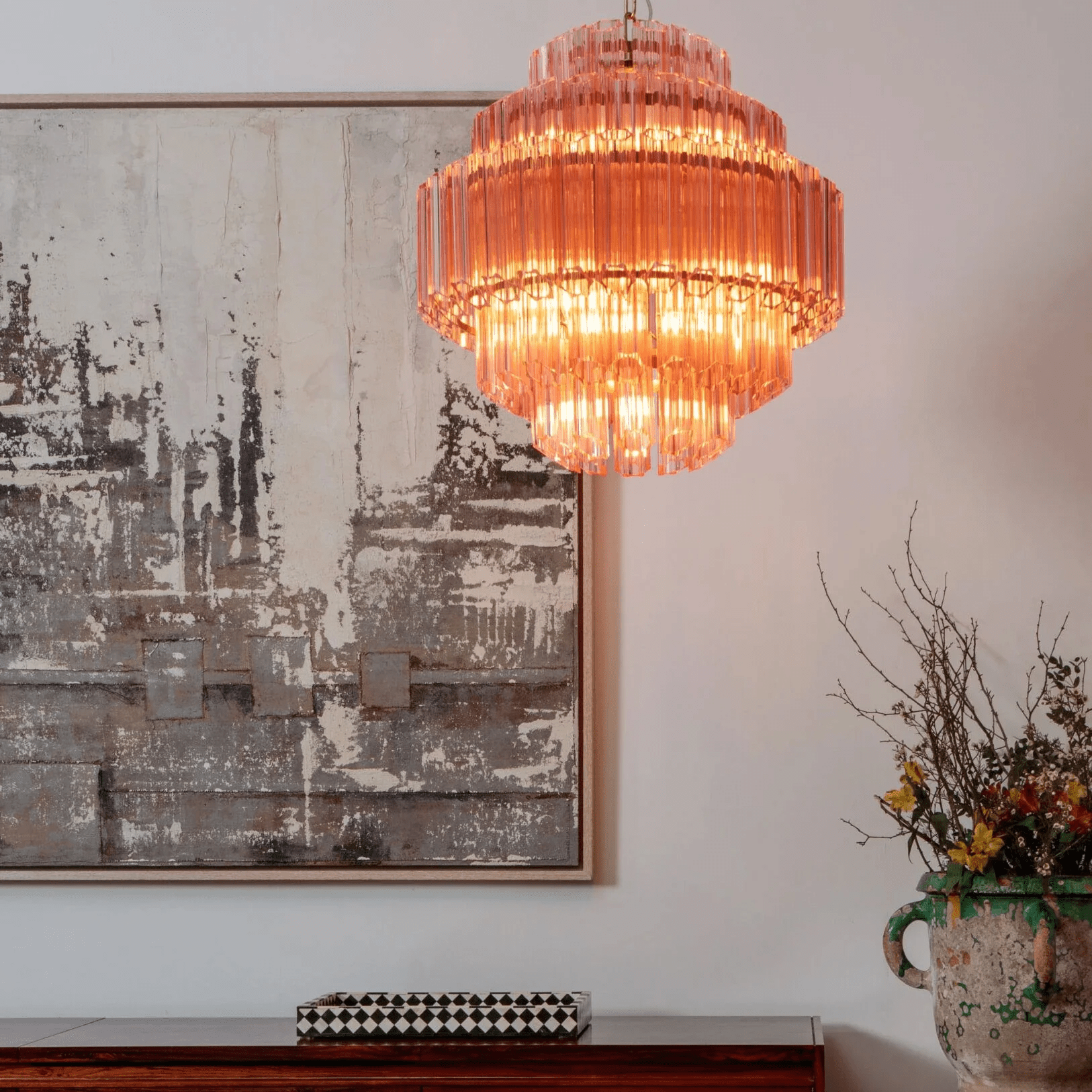 Veleneon Chandelier Pink Glass Tube Layered Diamond