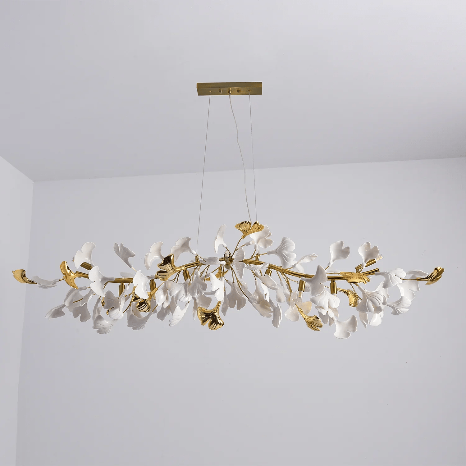 Dylo Chandelier Brass Linear Ginkgo Ceramic Petal Branch