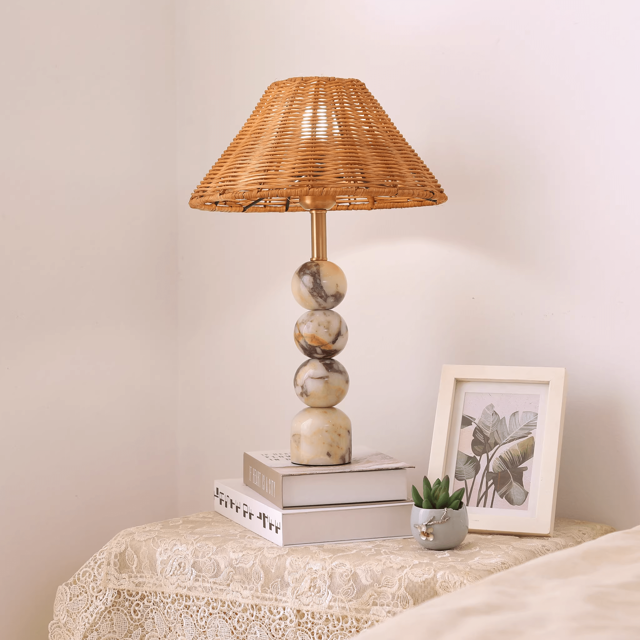Canarora Marble Orb Rattan Table Lamp