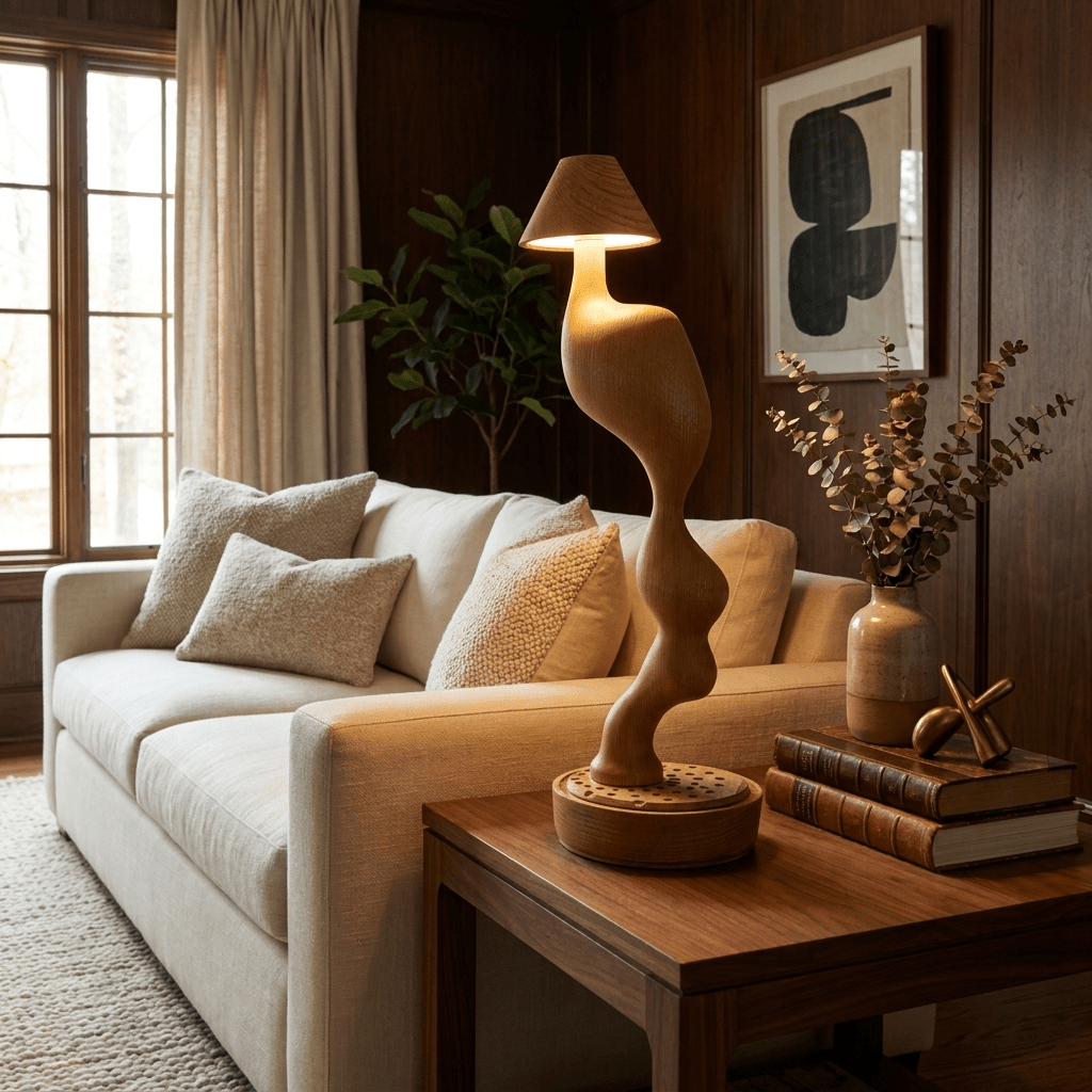 Carved Wood Cordless Table Lamp