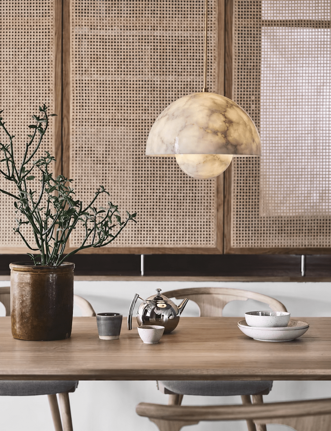 Alabaster Bud Dome Brass Pendant Light