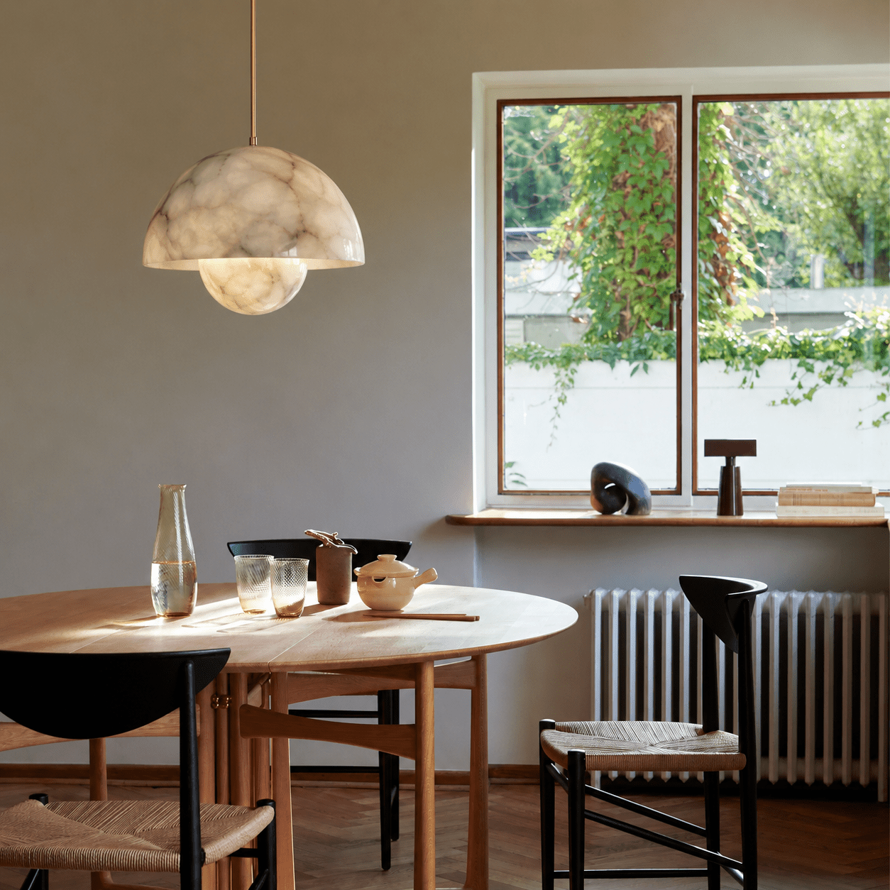 Alabaster Bud Dome Brass Pendant Light