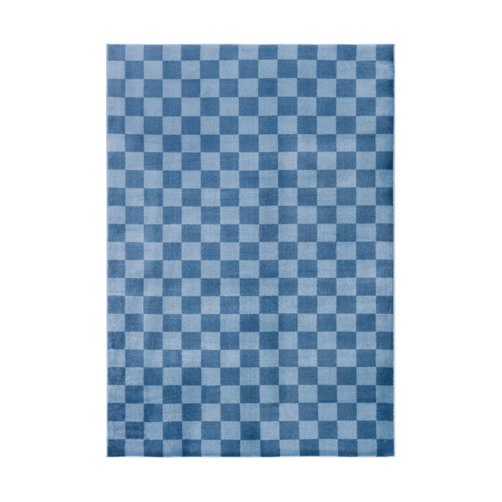 Tiberius Classic Washable Rug with checkered pattern in blue, perfect for modern living spaces.
