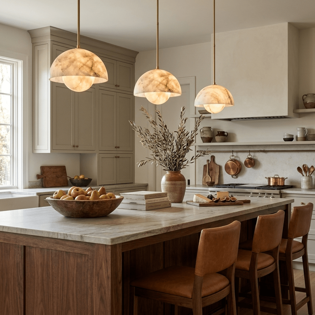 Alabaster Bud Dome Brass Pendant Light