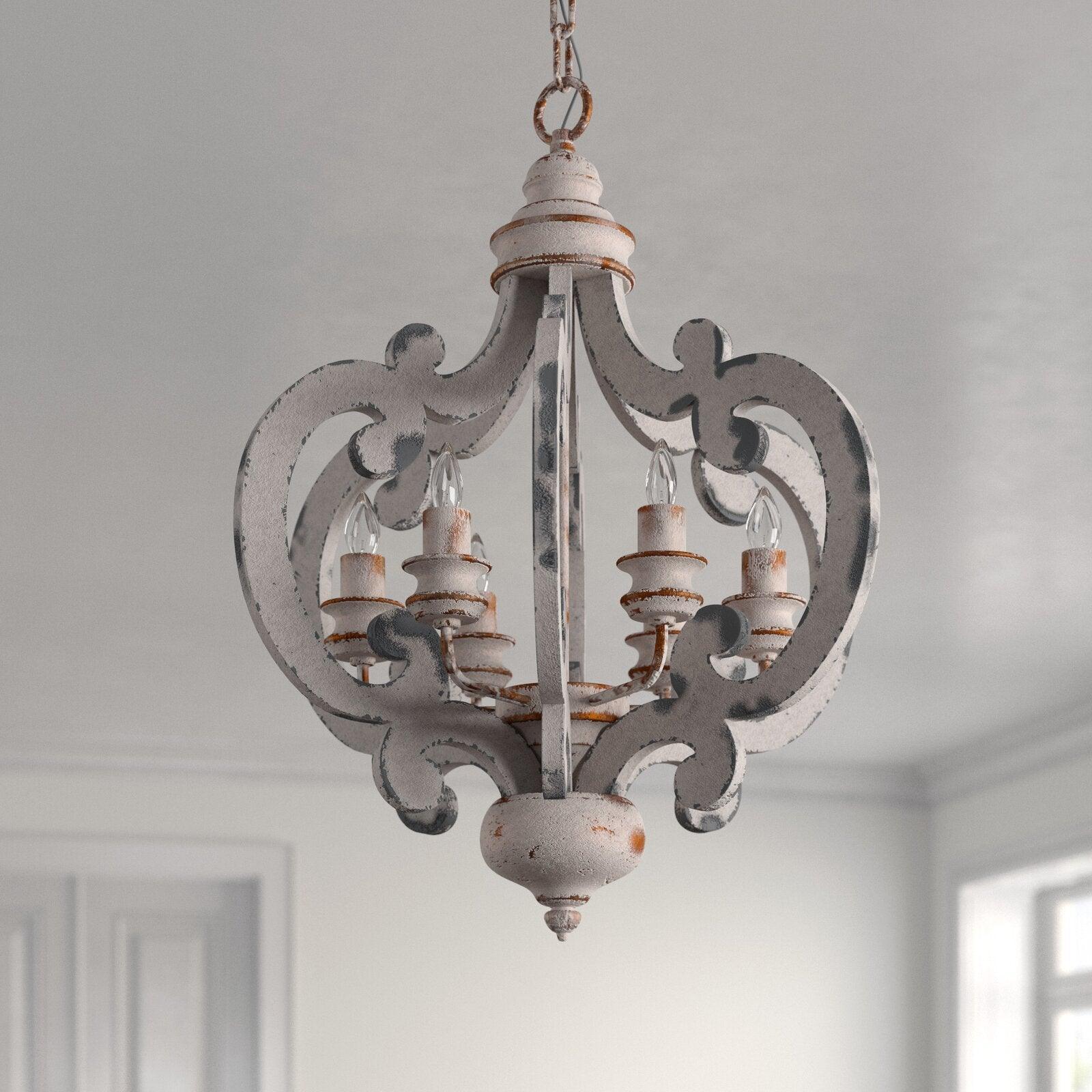Rinaian Chandelier Scroll Wood Whitewashed Rustic