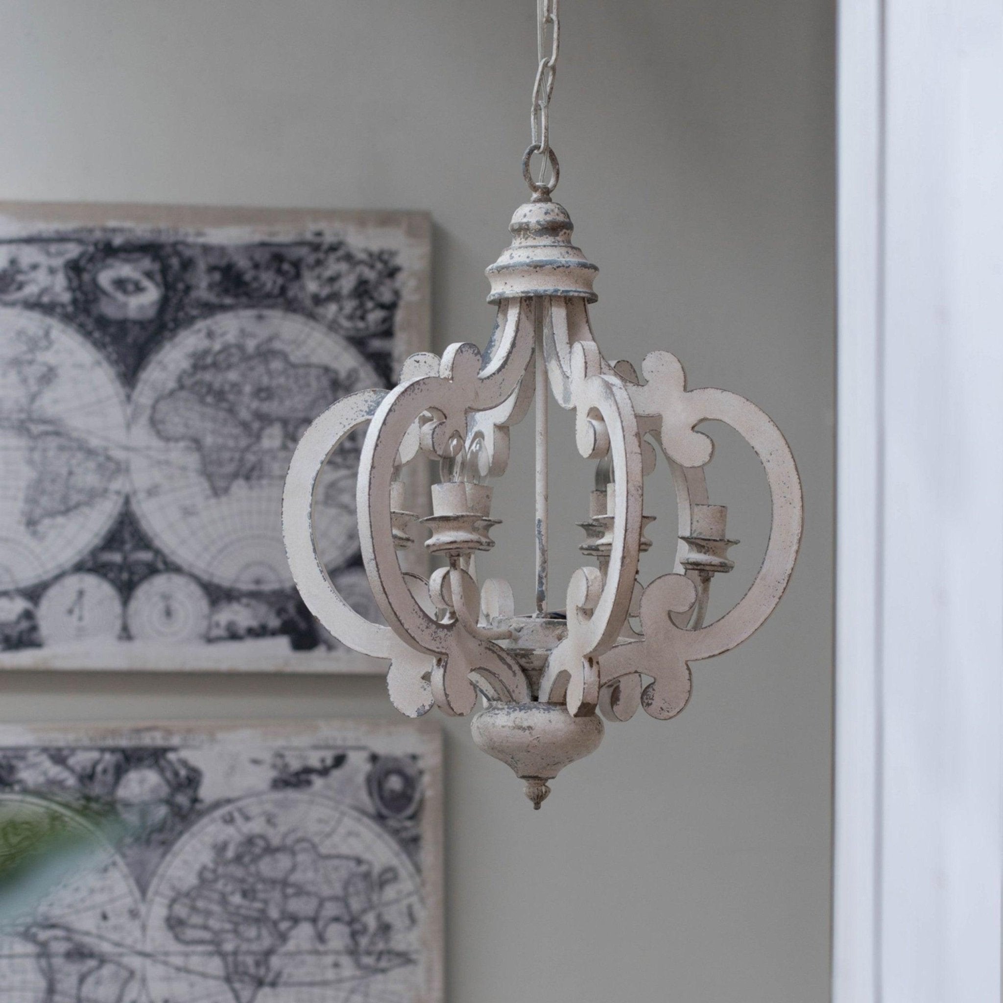 Rinaian Chandelier Scroll Wood Whitewashed Rustic
