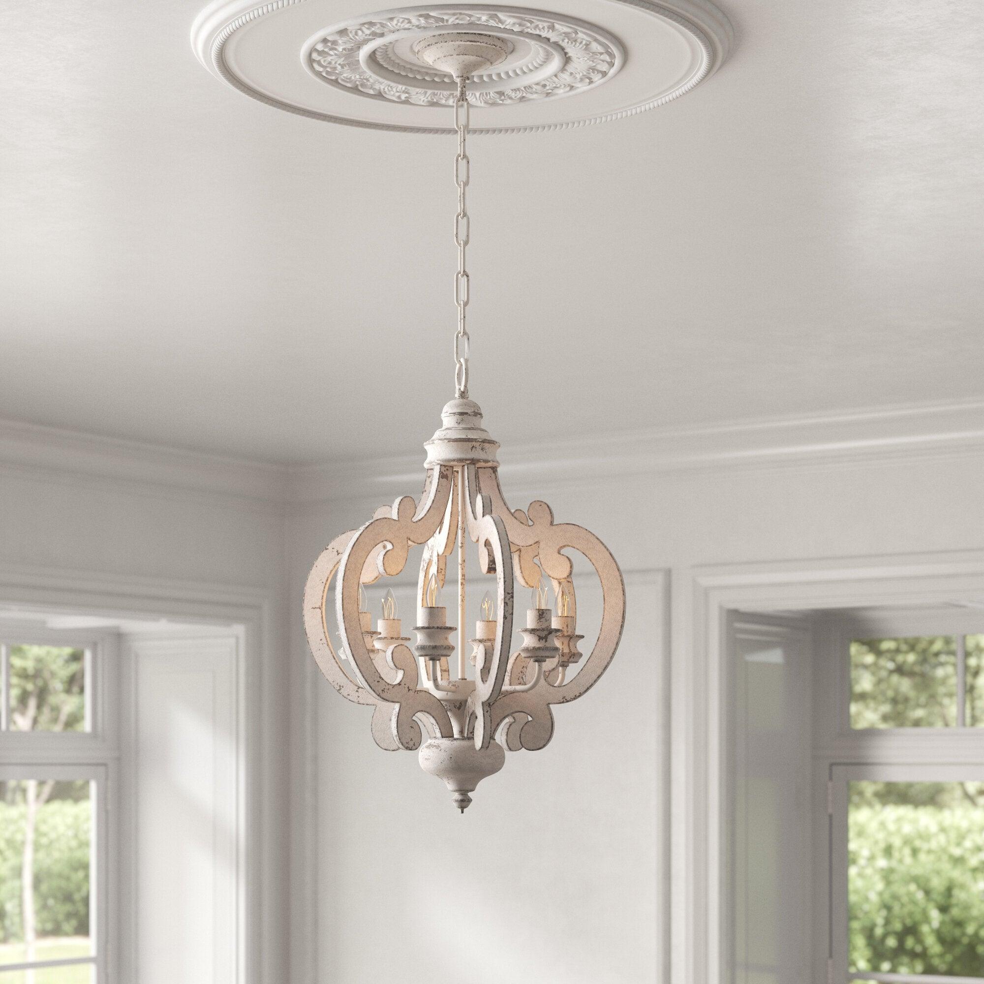 Rinaian Chandelier Scroll Wood Whitewashed Rustic