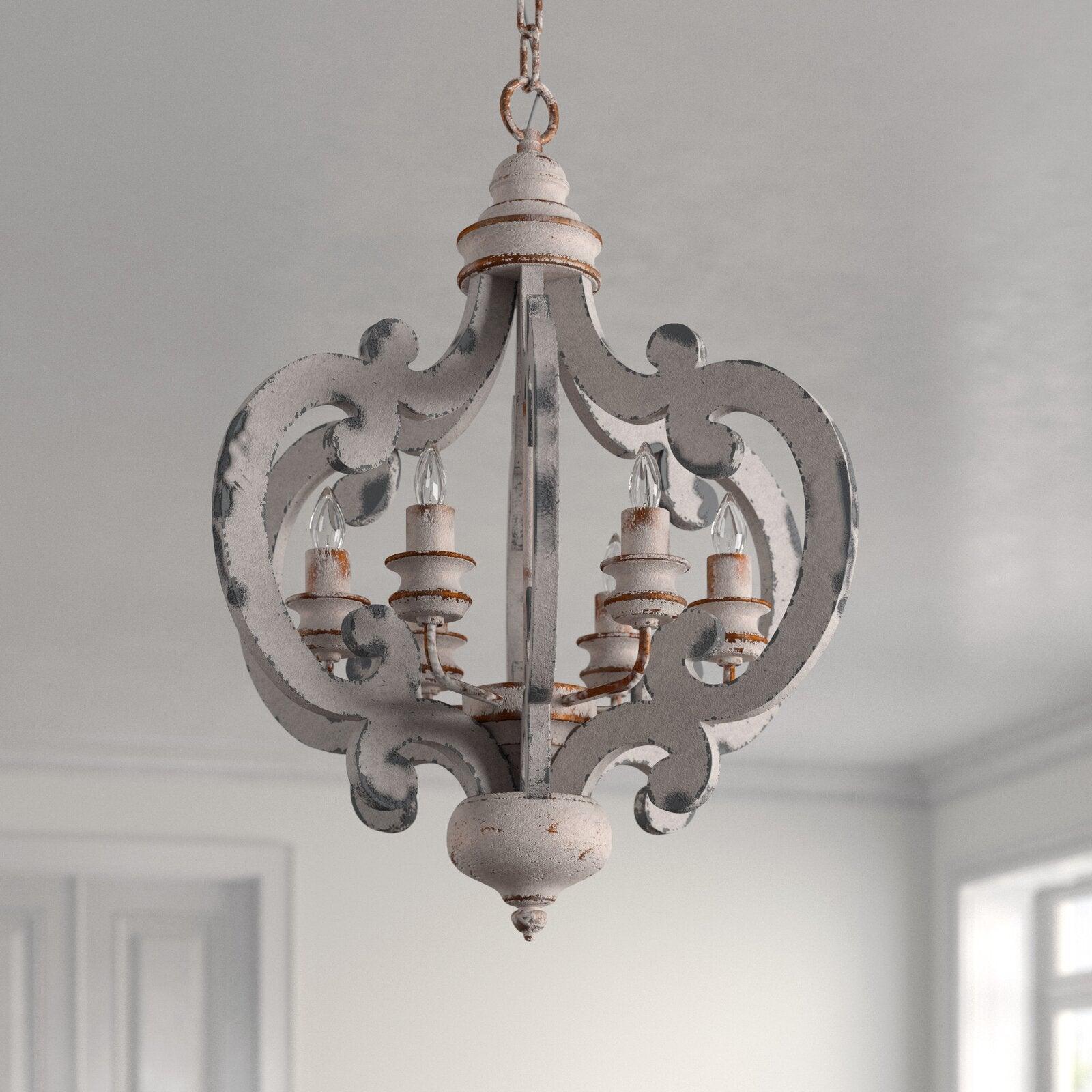 Rinaian Chandelier Scroll Wood Whitewashed Rustic
