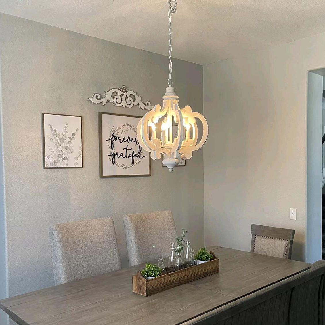 Rinaian Chandelier Scroll Wood Whitewashed Rustic