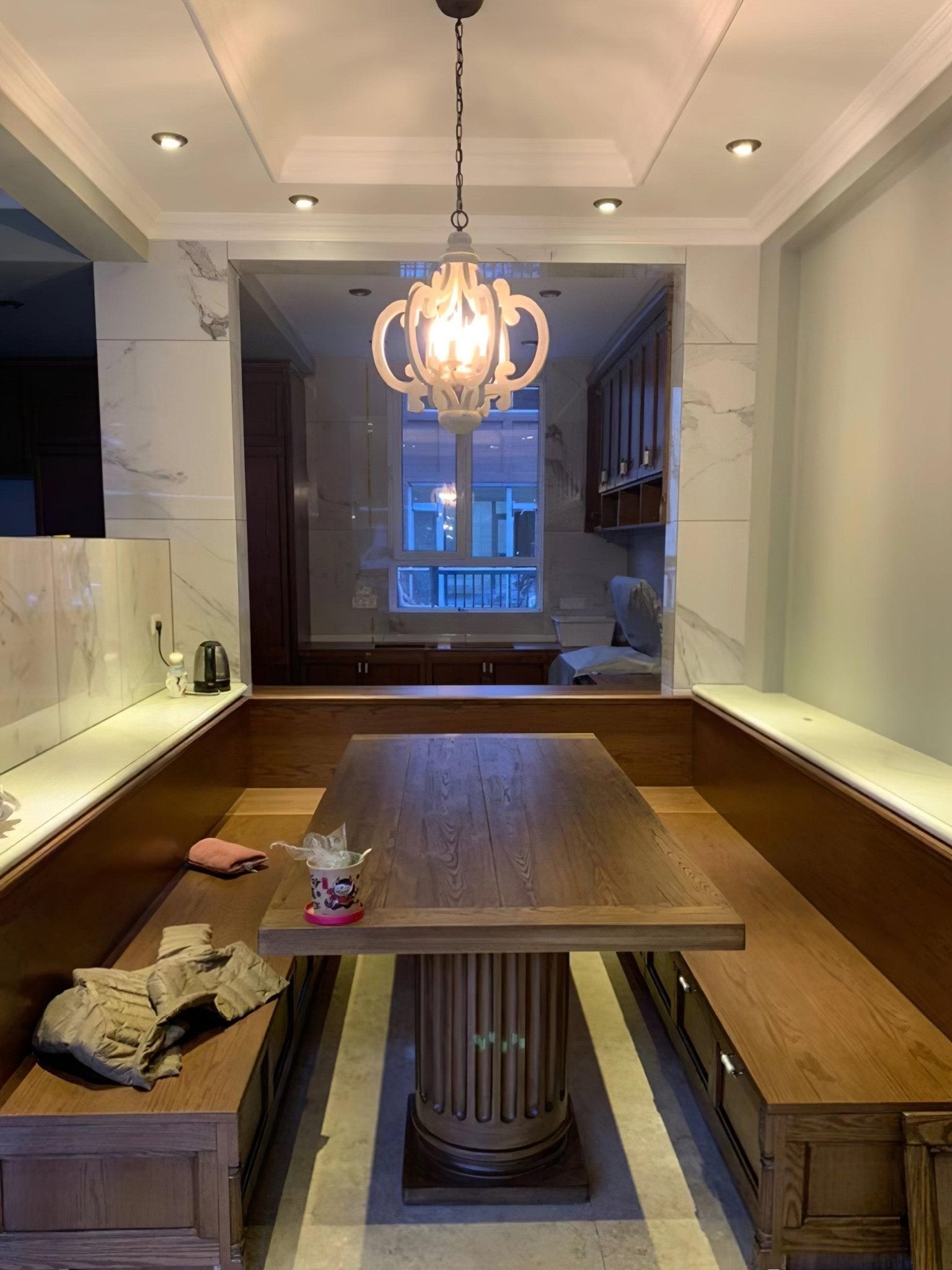 Rinaian Chandelier Scroll Wood Whitewashed Rustic