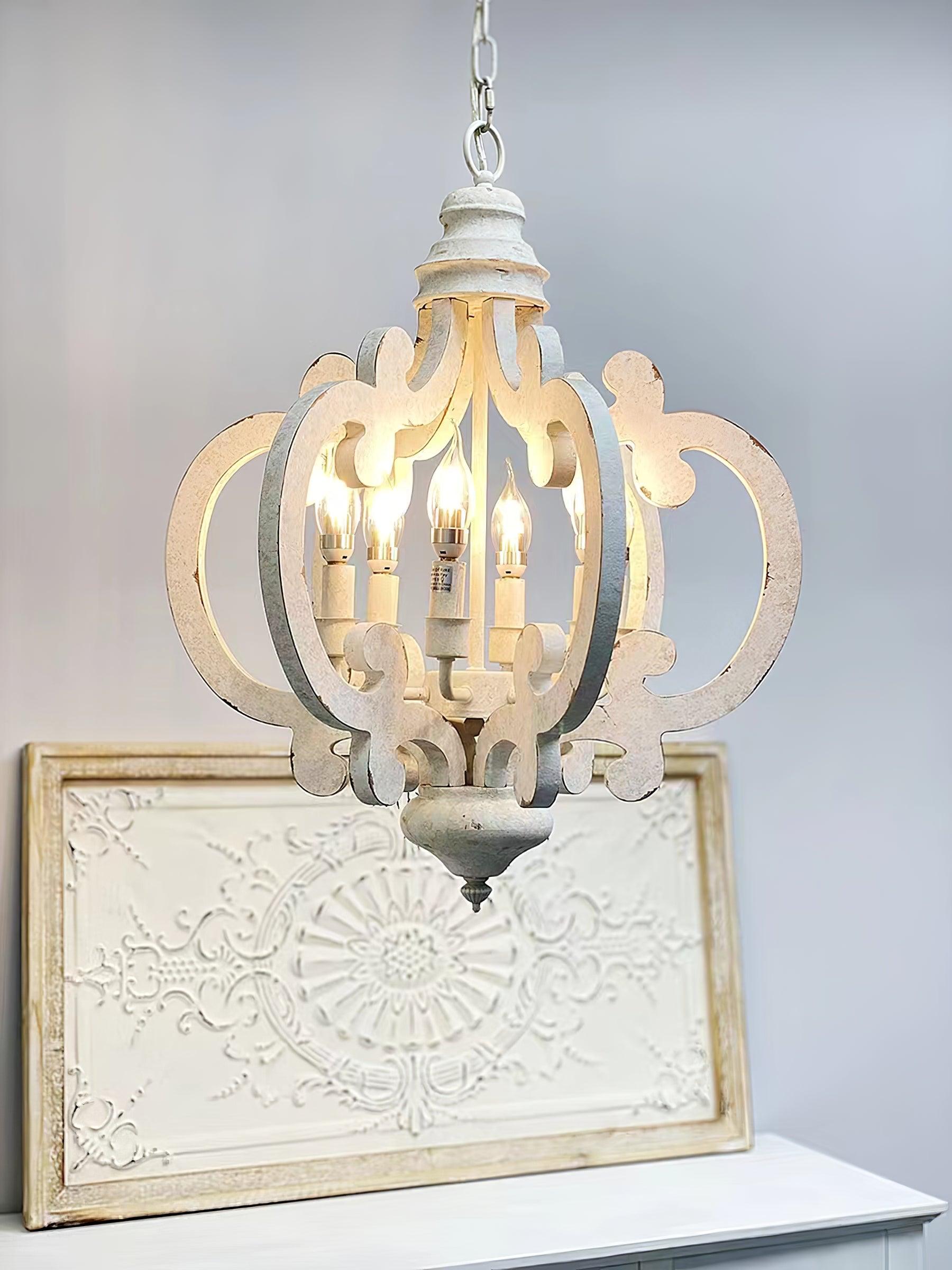 Rinaian Chandelier Scroll Wood Whitewashed Rustic