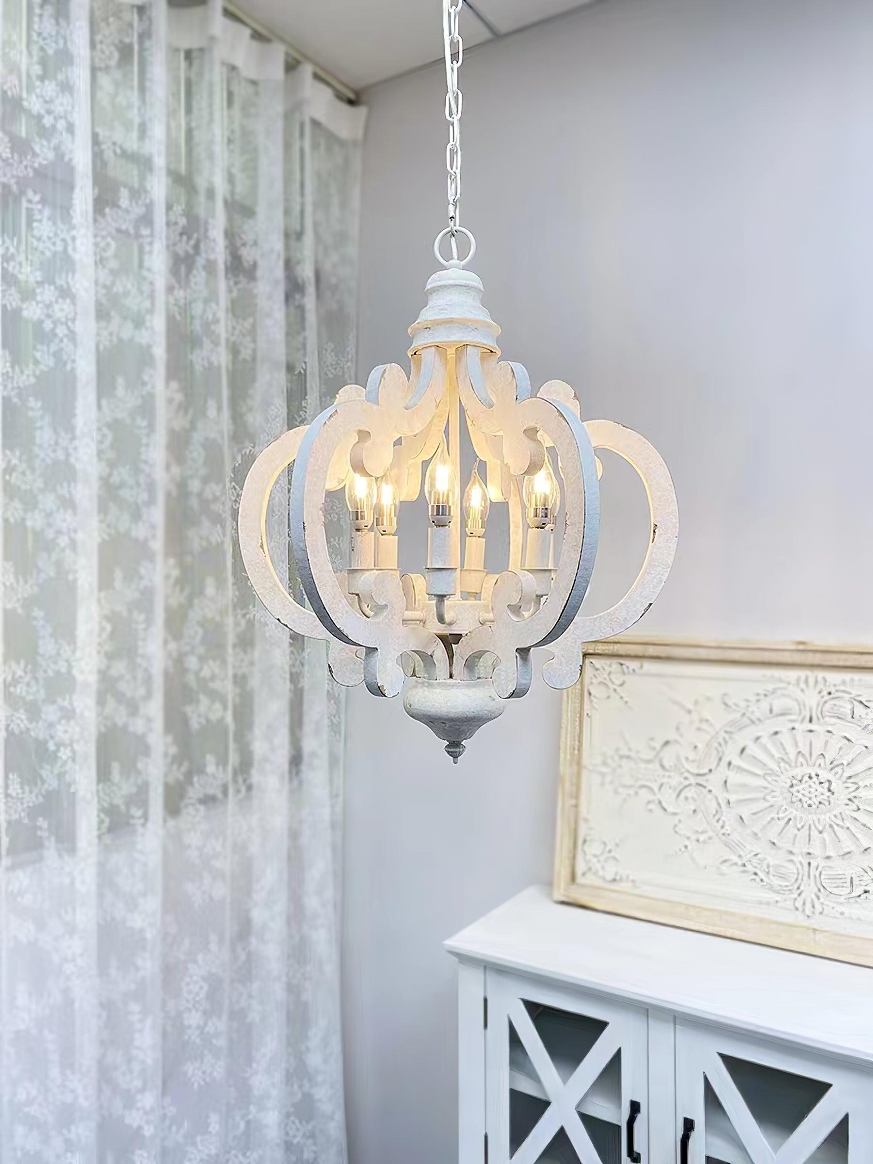 Rinaian Chandelier Scroll Wood Whitewashed Rustic