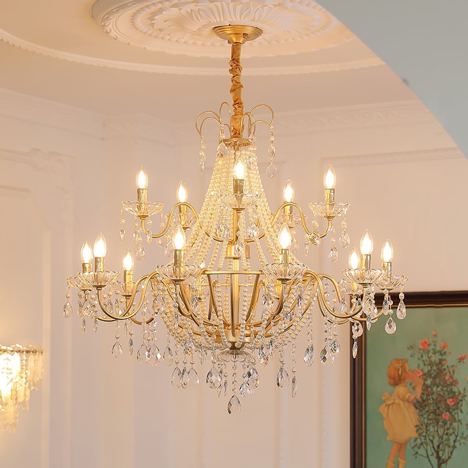 Eurvaros Vintage Crystal Brass Chandelier - Neutral Decor