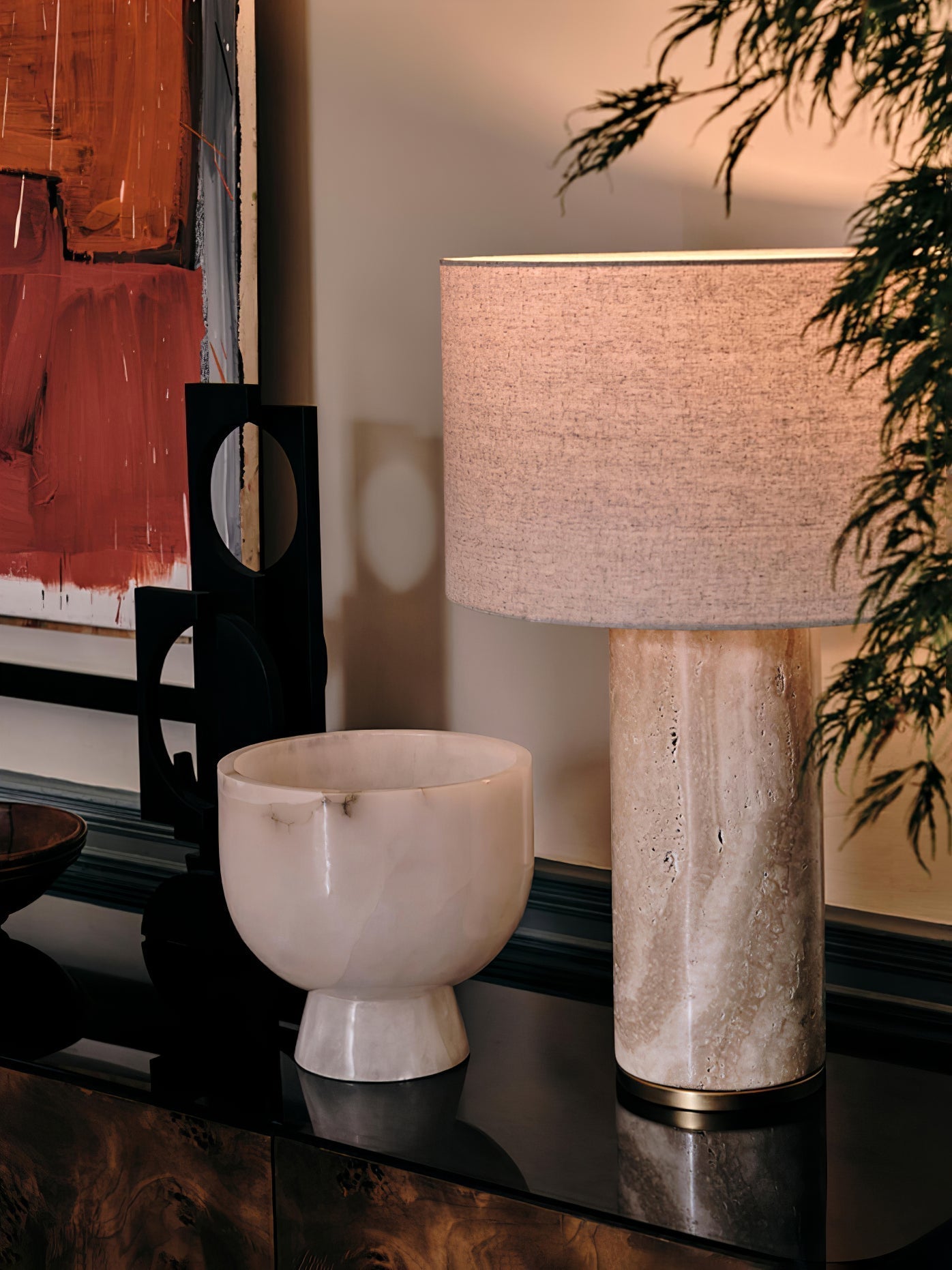Vonoryra Cylindrical Travertine Table Lamp - Neutral Decor