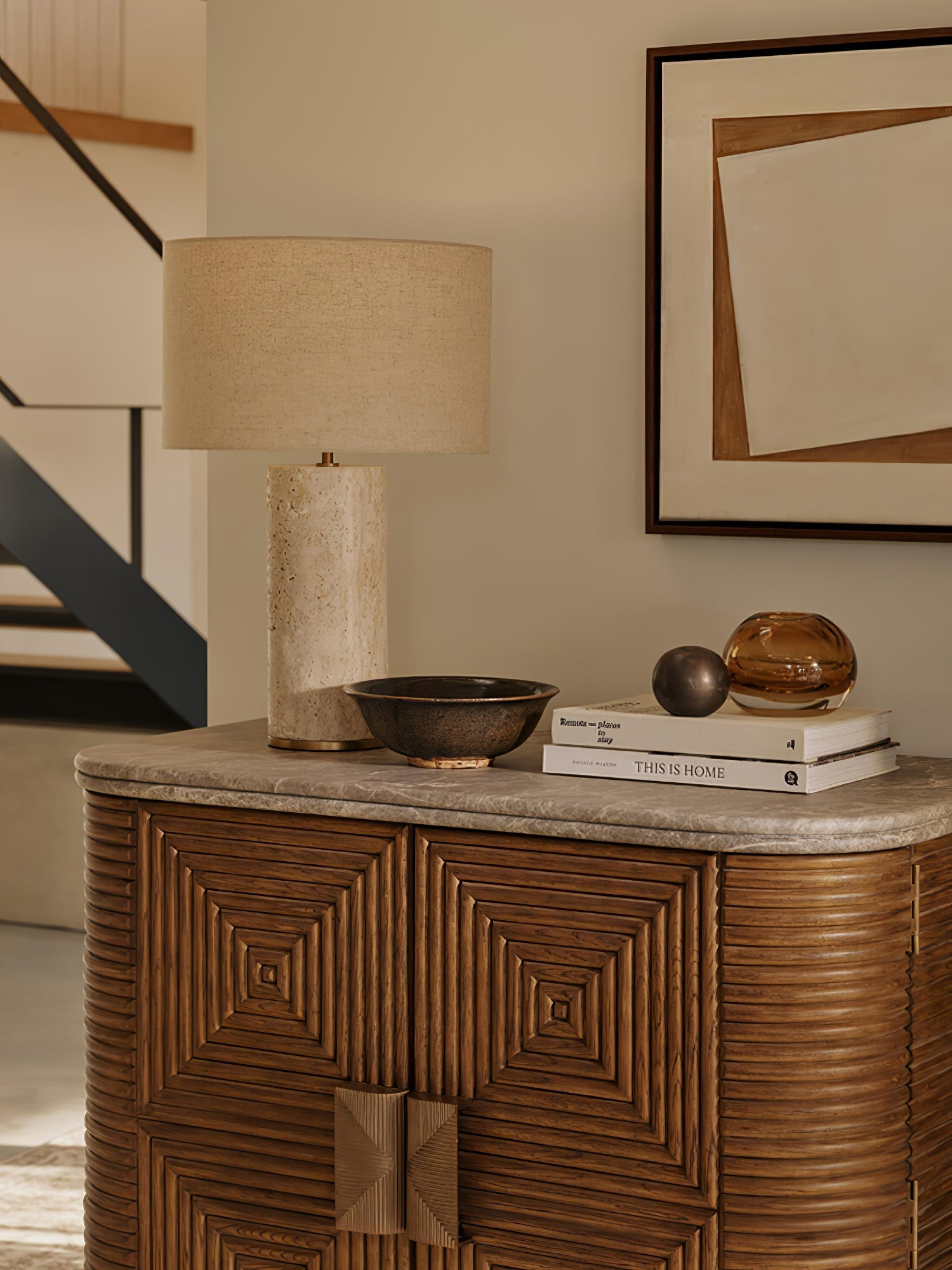 Vonoryra Cylindrical Travertine Table Lamp - Neutral Decor