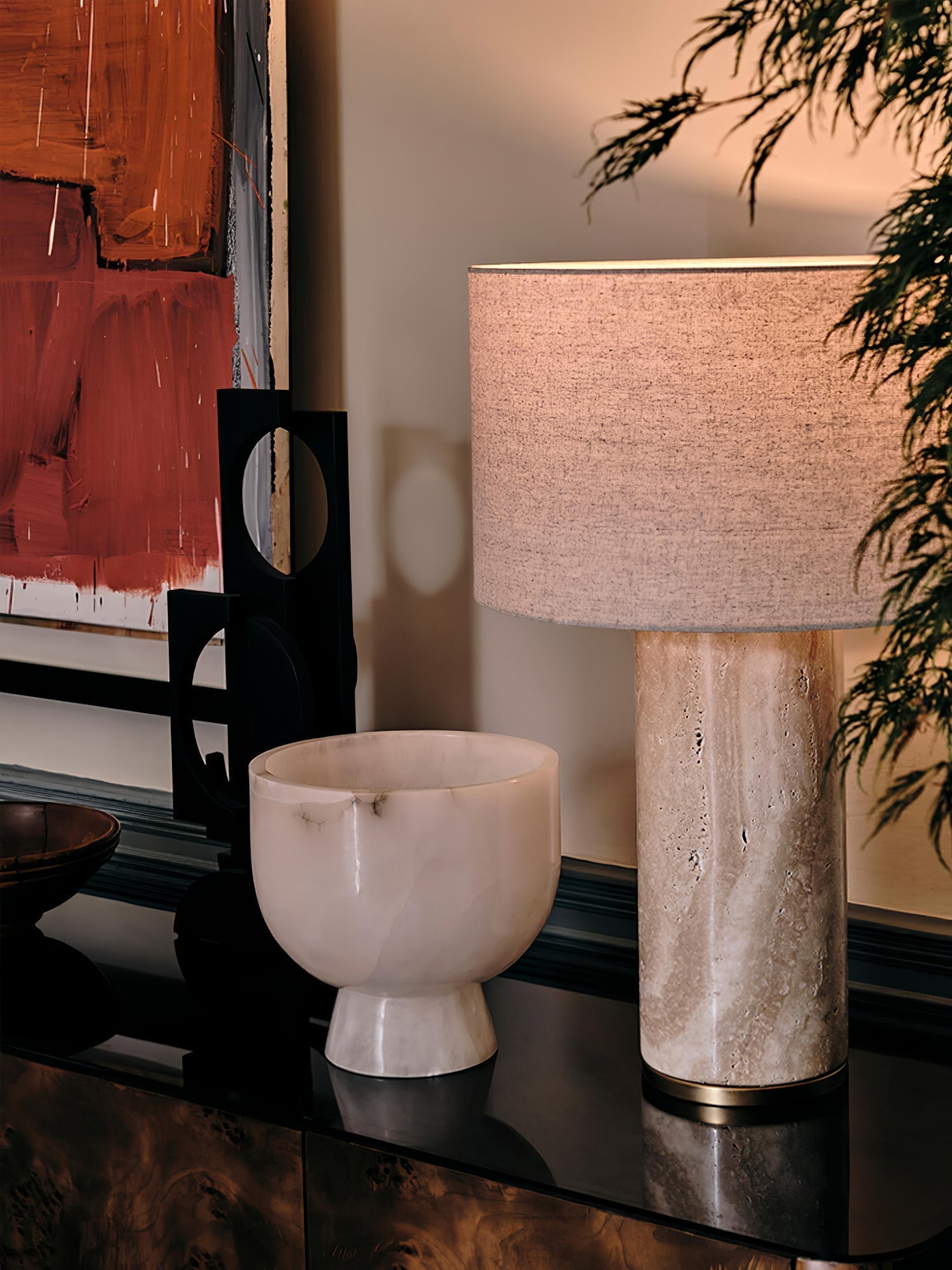 Vonoryra Cylindrical Travertine Table Lamp - Neutral Decor