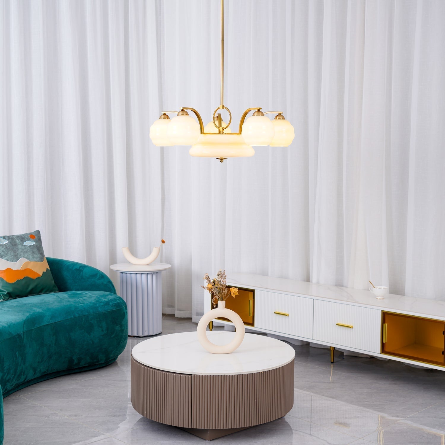 Celeelle Chandelier Art Deco Vintage Gold Glass Shades