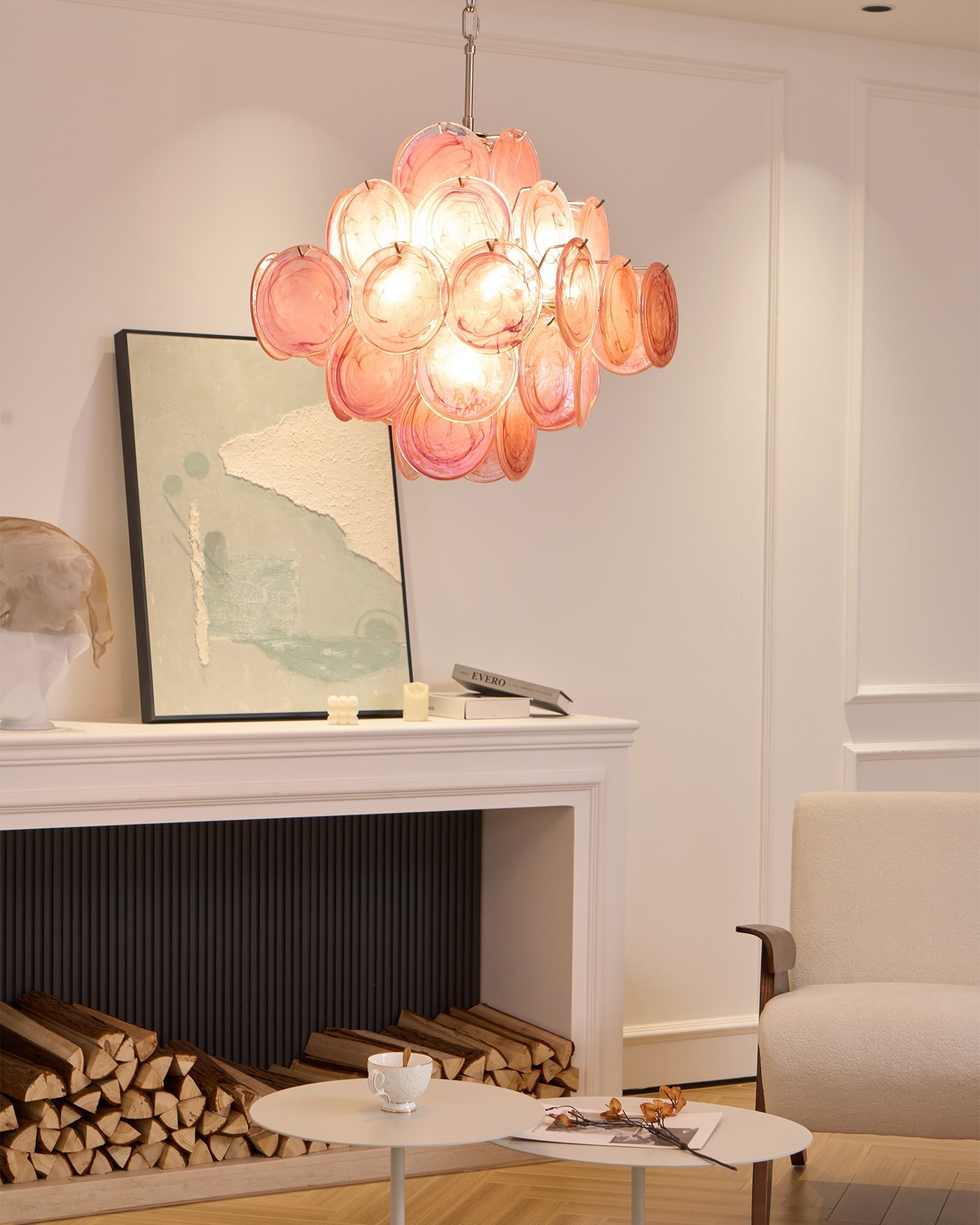 Celeian Chandelier Pink Glass Disc Layered Romantic