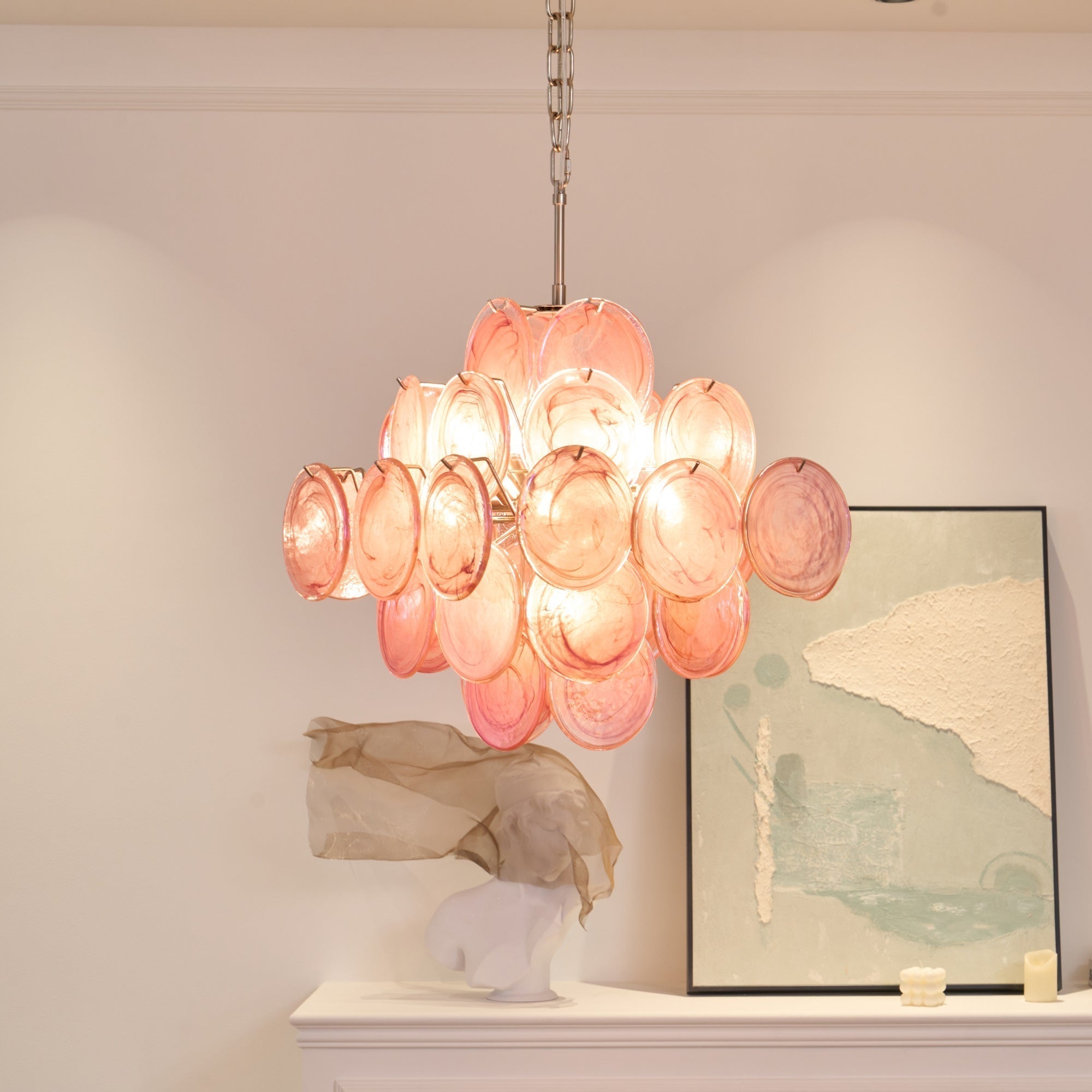 Celeian Chandelier Pink Glass Disc Layered Romantic