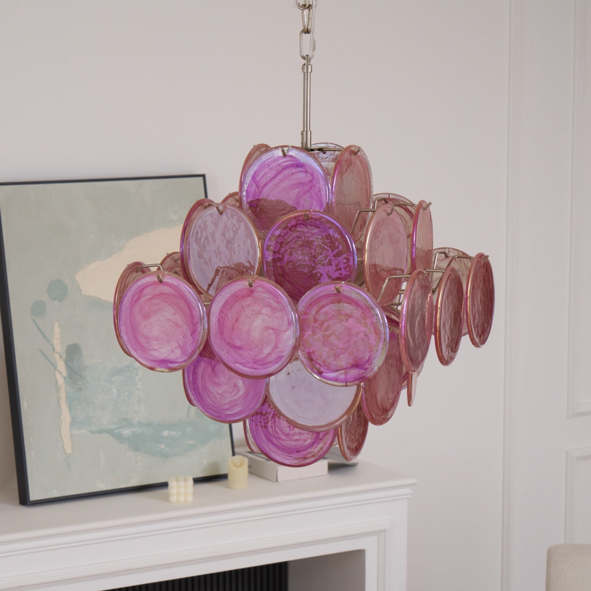 Celeian Chandelier Pink Glass Disc Layered Romantic
