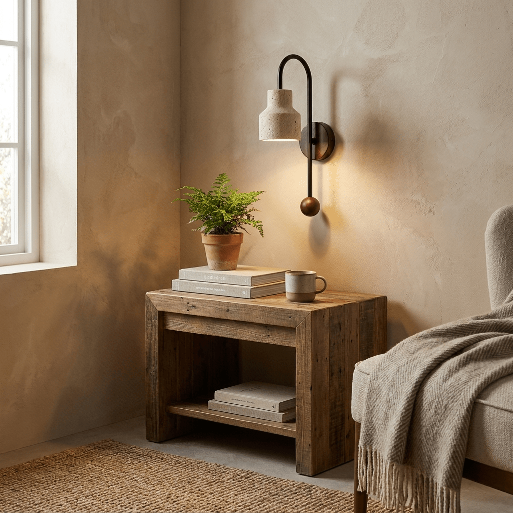 Bell Travertine Arc Wall Sconce Walnut Wood