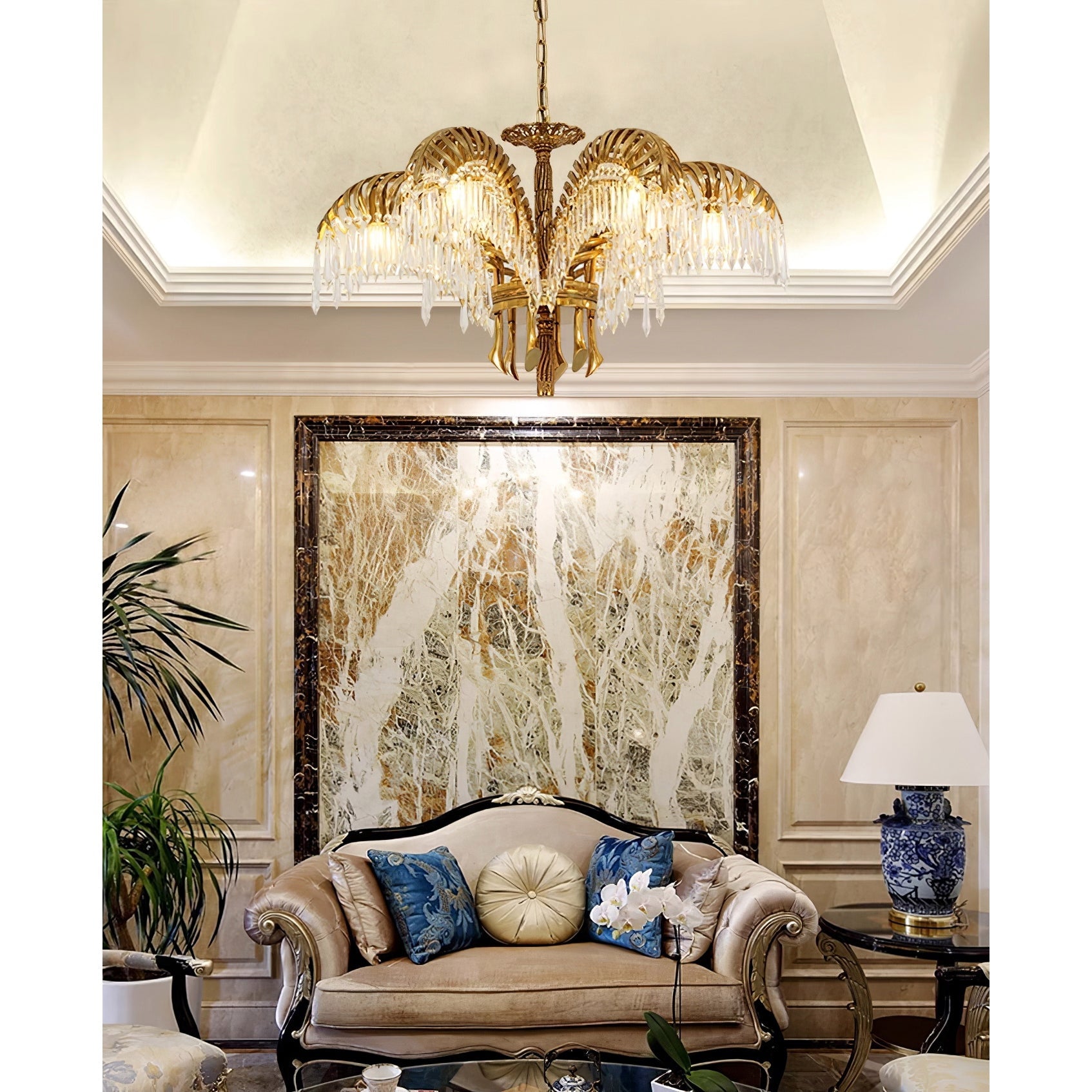 Orlafield Brass Palm Leaf Crystal Chandelier
