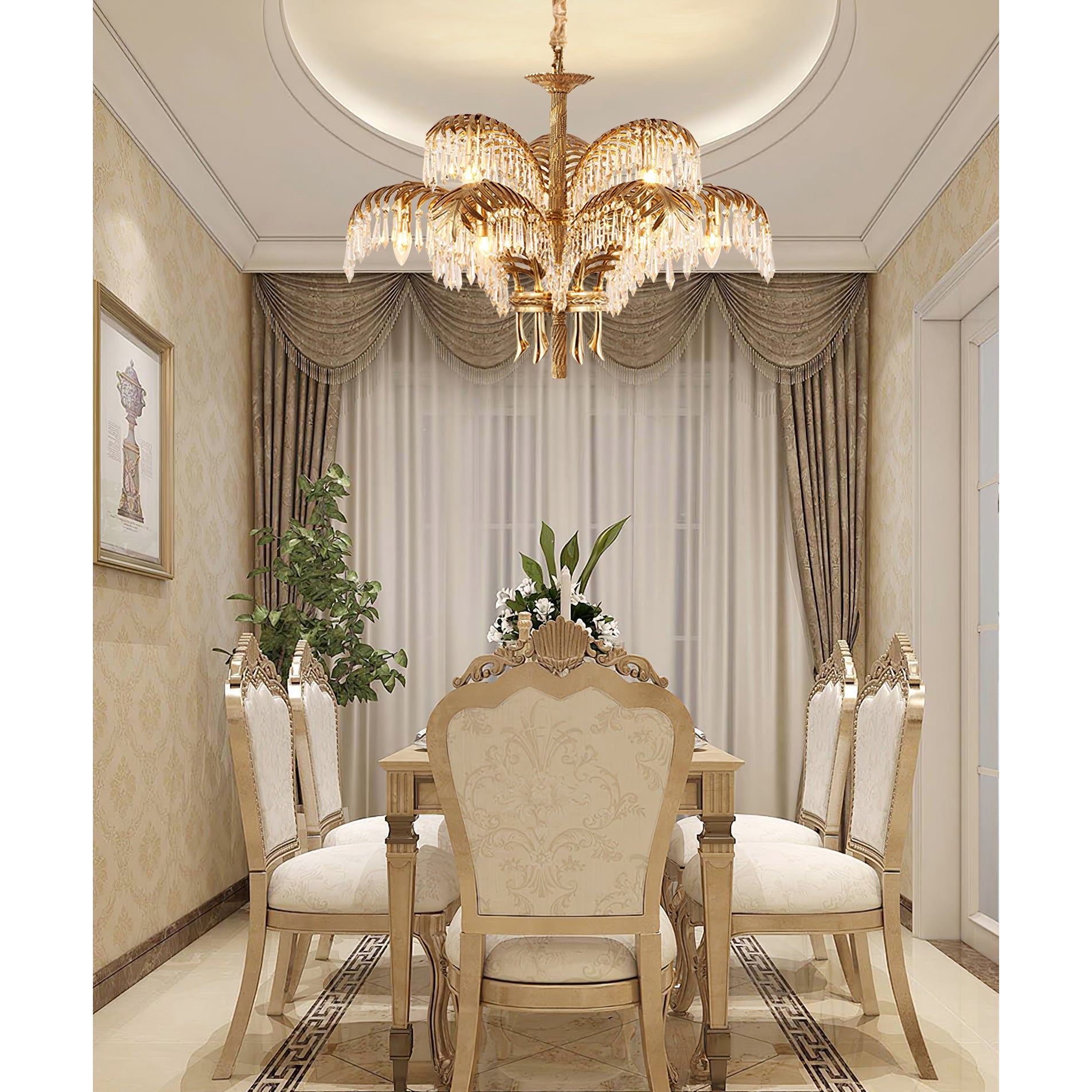 Orlafield Brass Palm Leaf Crystal Chandelier