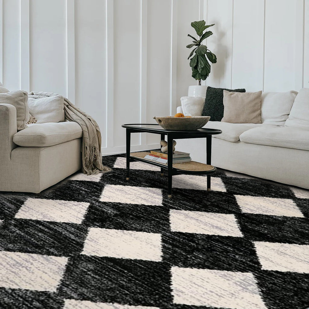 Thelonius Checkered Washable Rug, black and white pattern, 100% Polyester, living room setting, machine washable.