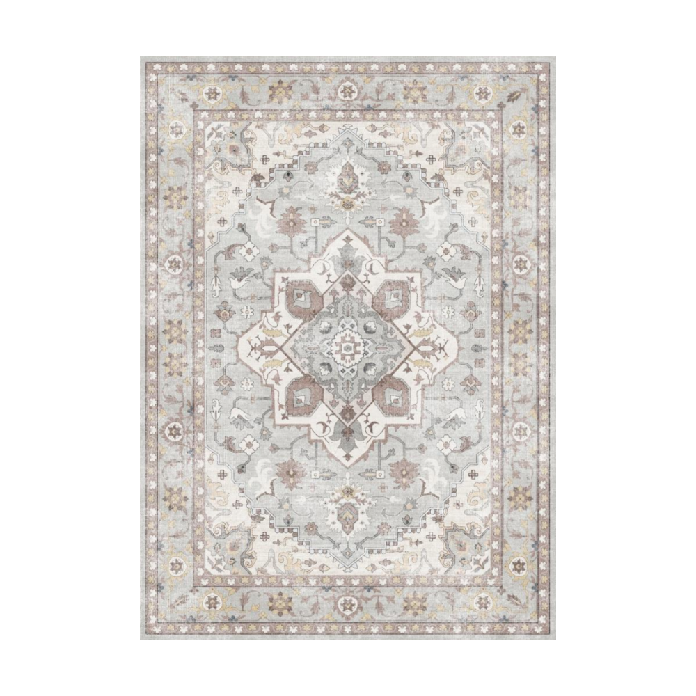 Celandine Vintage Washable Rug - Pale grey and brown patterned area rug