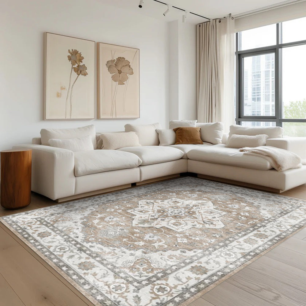 Cyprian Vintage Washable Rug in a living room setting. Beige and brown tones, perfect for stylish living spaces.