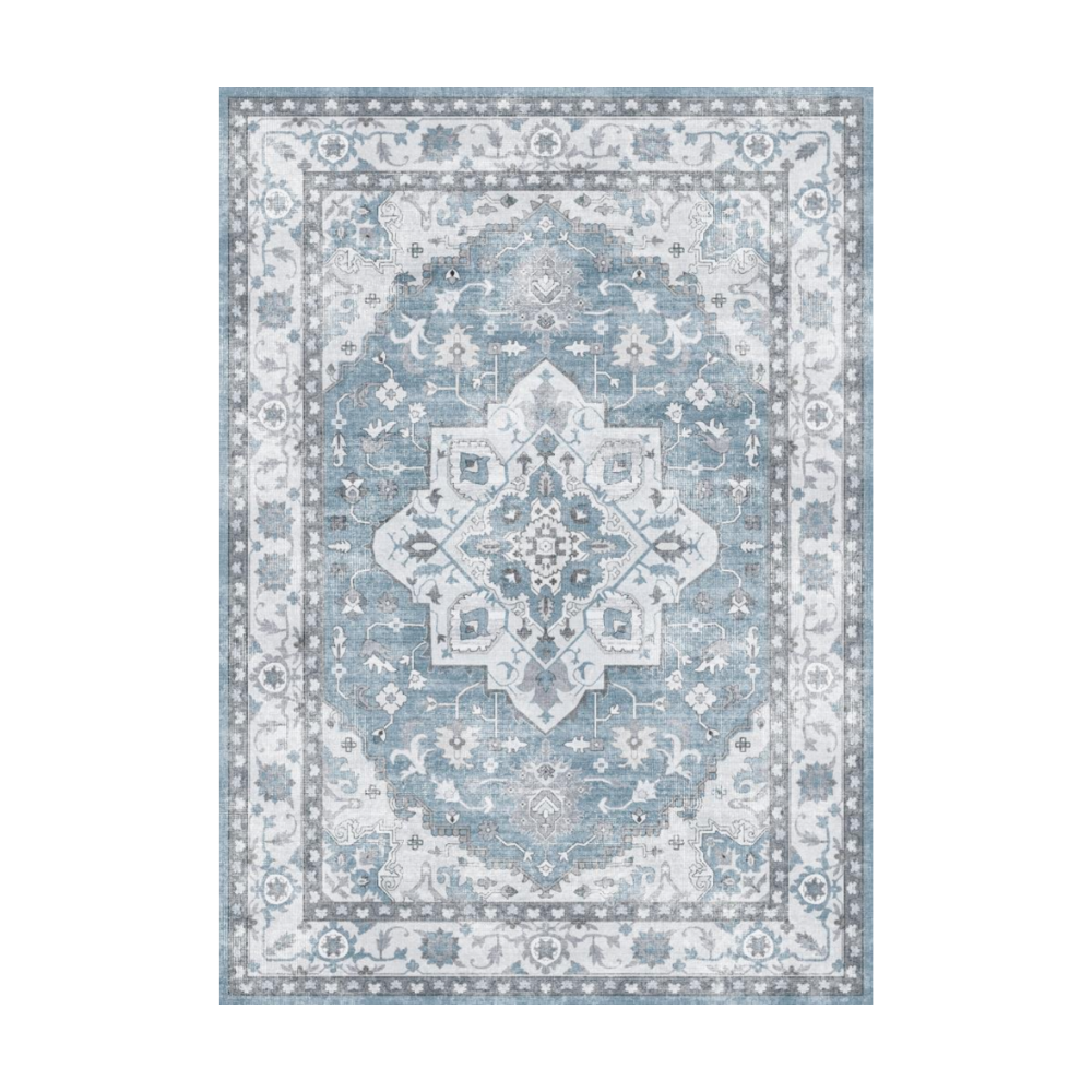 Eldora Vintage Washable Rug in blue and gray, intricate pattern, perfect for living room or bedroom.