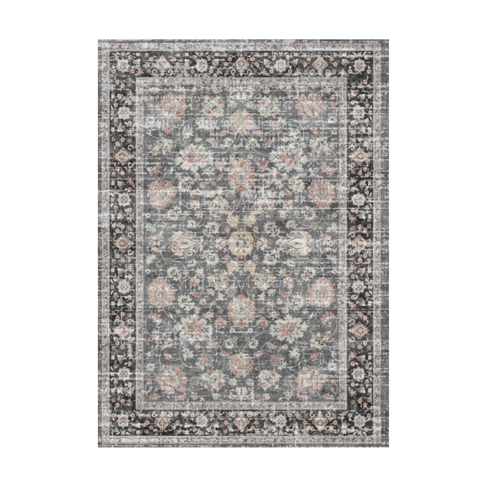 Eclipse Persian Washable Rug, gray and black floral design with pink and white accents. 100% polyester, power loomed.