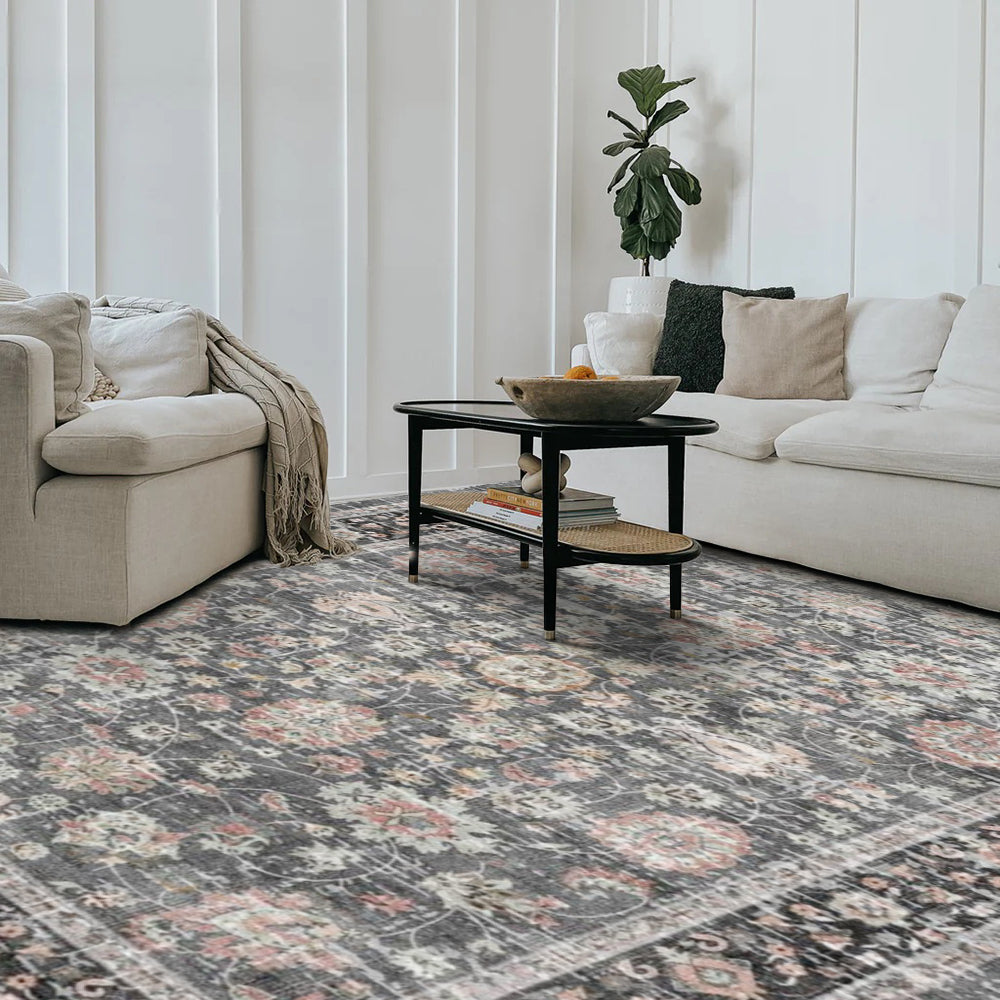Eclipse Persian washable rug in living room, gray floral design with pink accents, polyester, machine washable area rug.