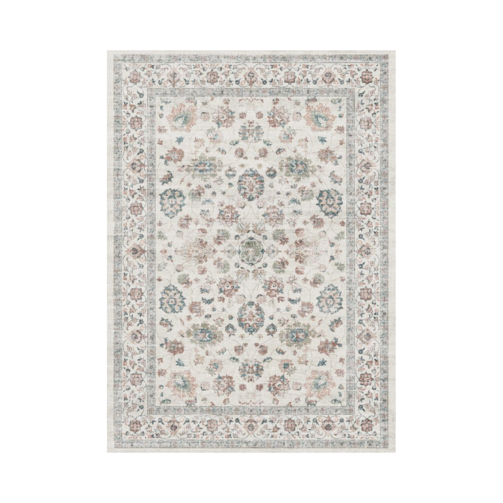 Pastel Persian washable area rug, floral design with ivory and muted pastel tones, machine washable