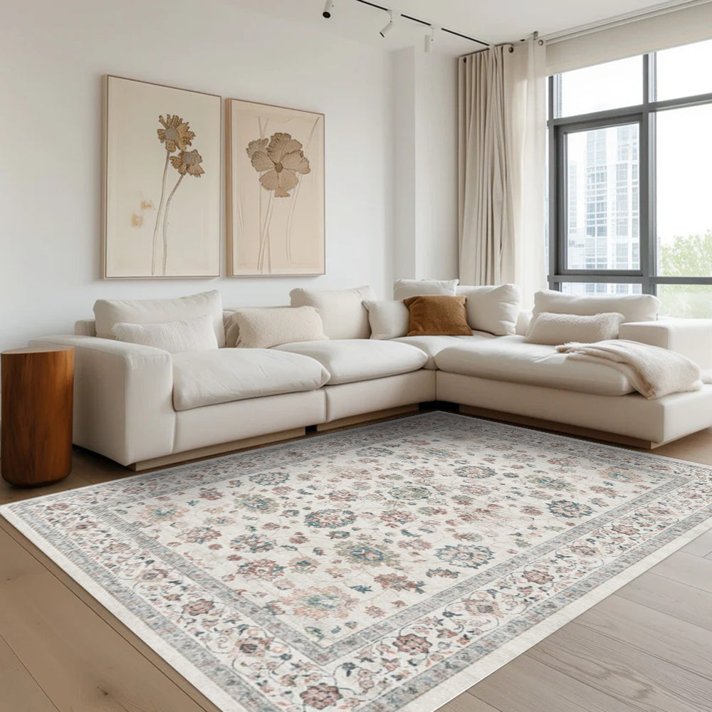 Pastel floral washable area rug in a living room setting, machine washable area rugs