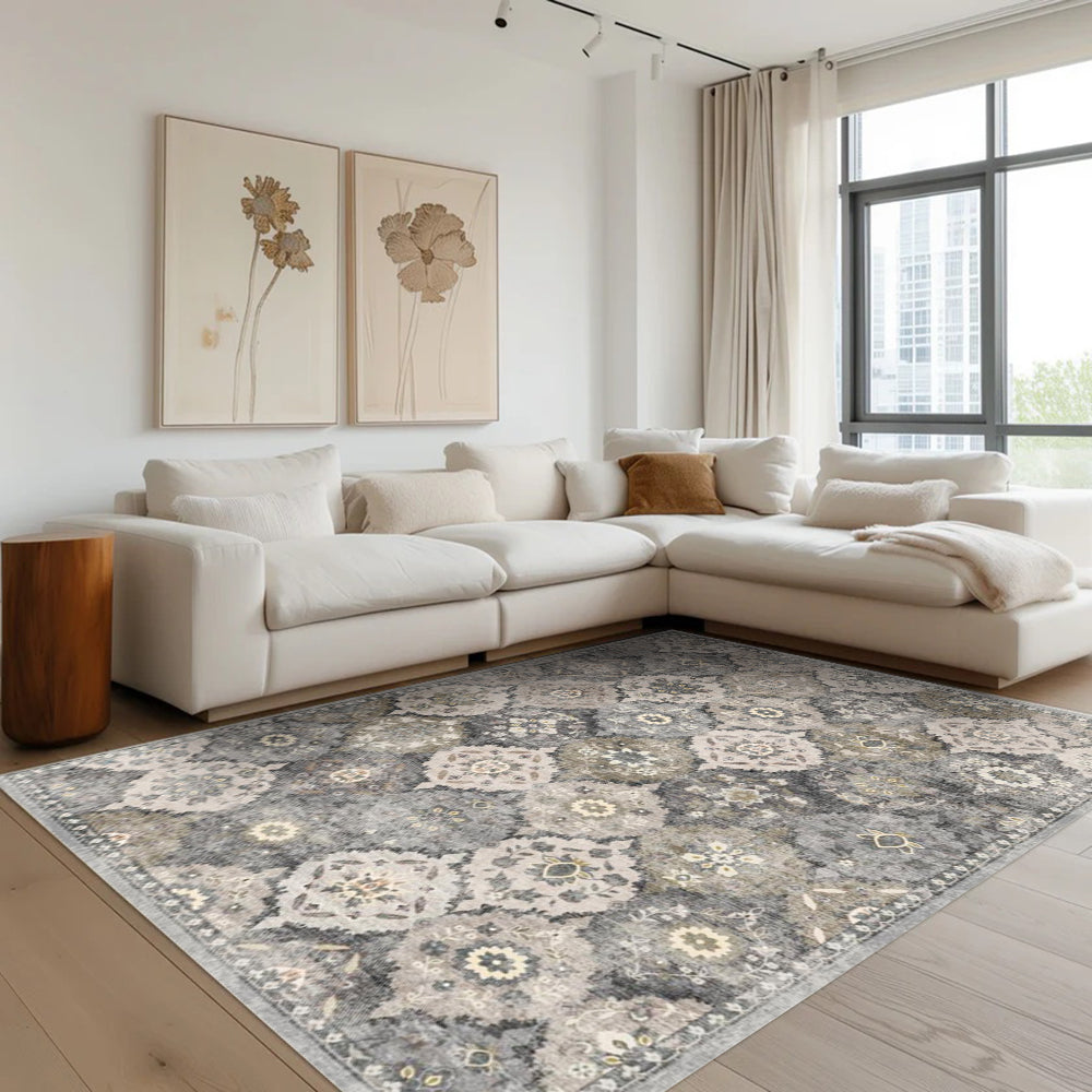 Storm Persian Washable Rug in a modern living room setting, gray and beige floral pattern, non-slip design.