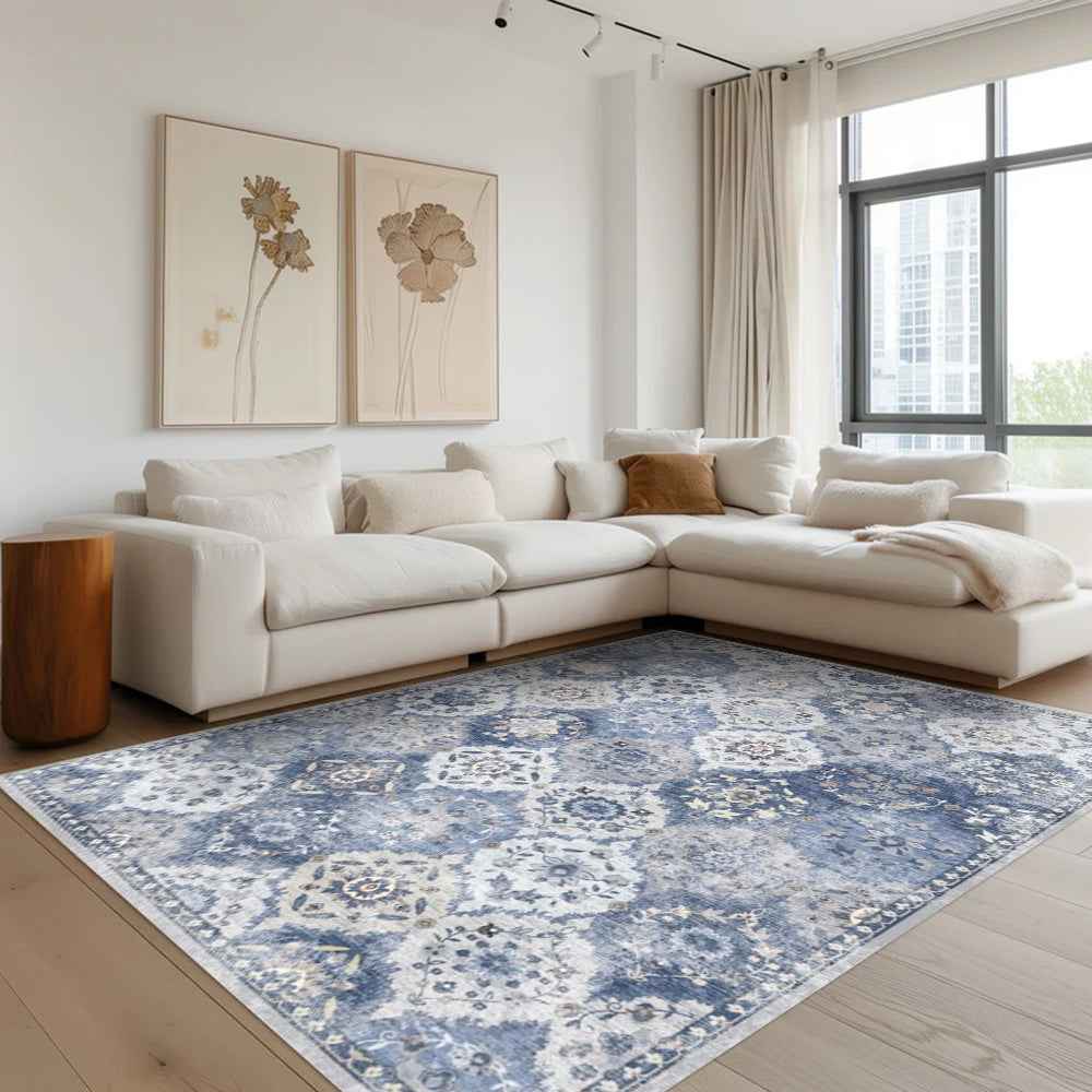 Marine Persian washable rug in a living room setting, showcasing a floral pattern and a modern design.