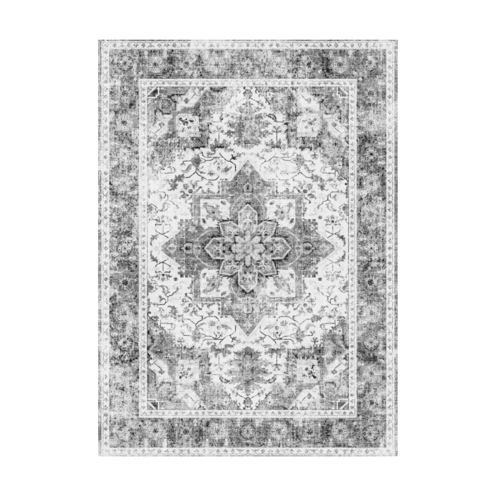 Onyx Persian Washable Rug. Features a detailed medallion design in shades of gray and white. Made of 100% polyester.