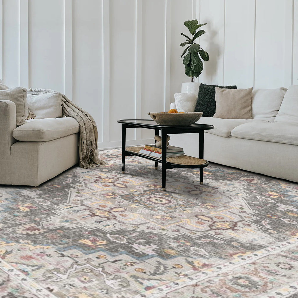 Silverstone Persian washable rug in a modern living room, grey and beige tones with intricate patterns, area rug