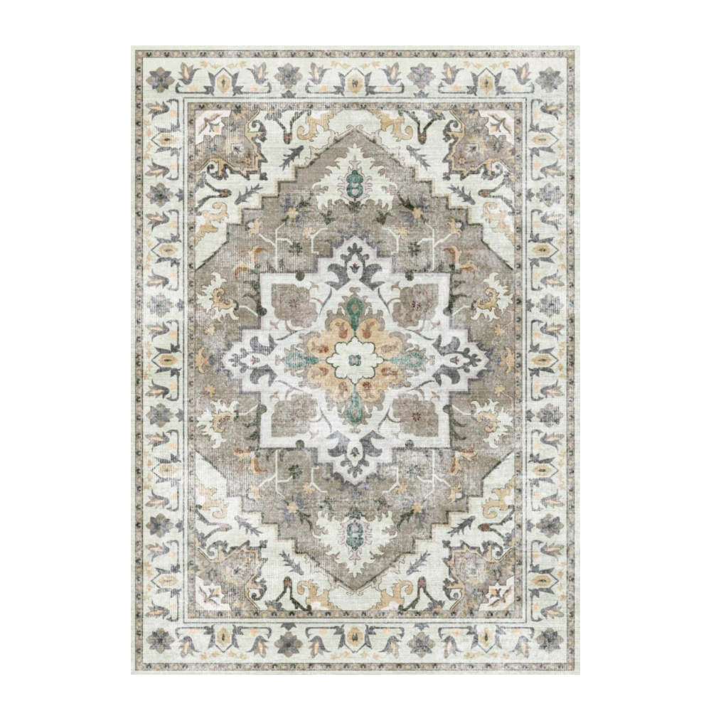 Nimbus Persian Washable Rug. Gray and cream Persian design, power-loomed, custom sizes available.