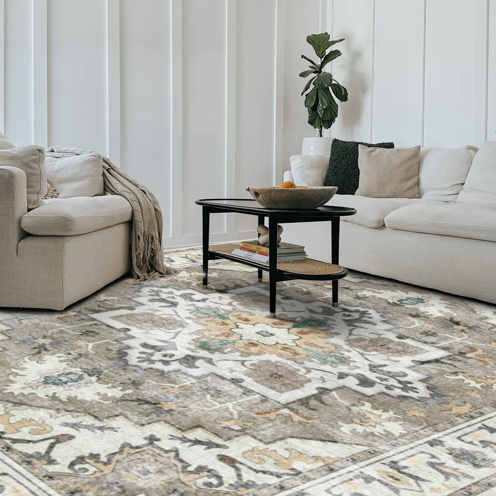 Nimbus Persian Washable Rug in living room with gray and cream Persian design, power-loomed.