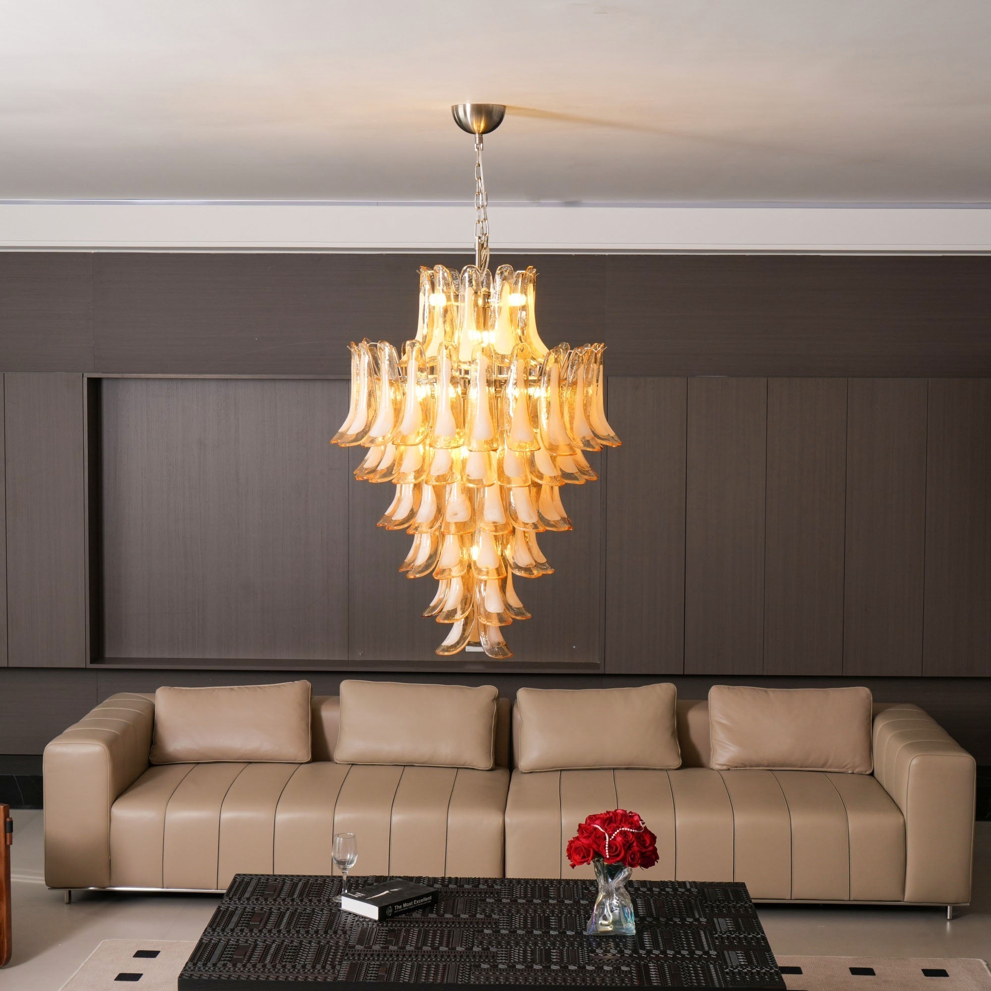 Celalian Chandelier Amber Murano Glass Petal Layered Luxury