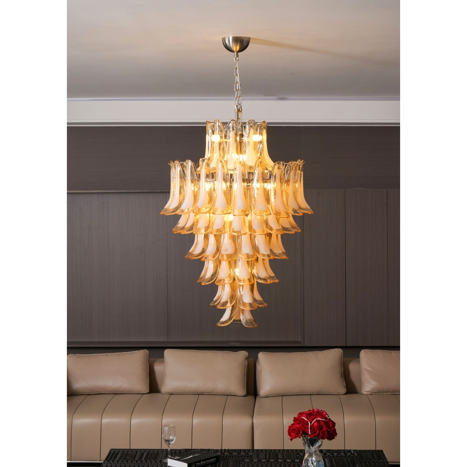 Celalian Chandelier Amber Murano Glass Petal Layered Luxury