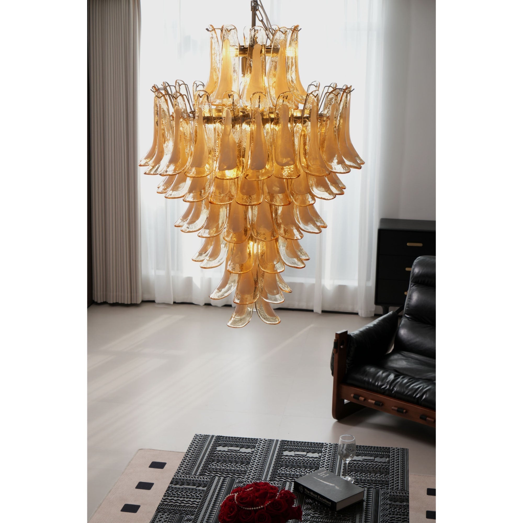 Celalian Chandelier Amber Murano Glass Petal Layered Luxury