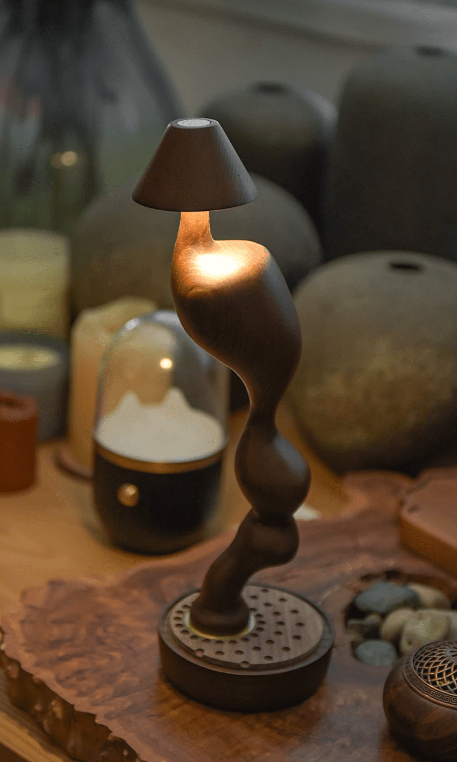 Carved Wood Cordless Table Lamp