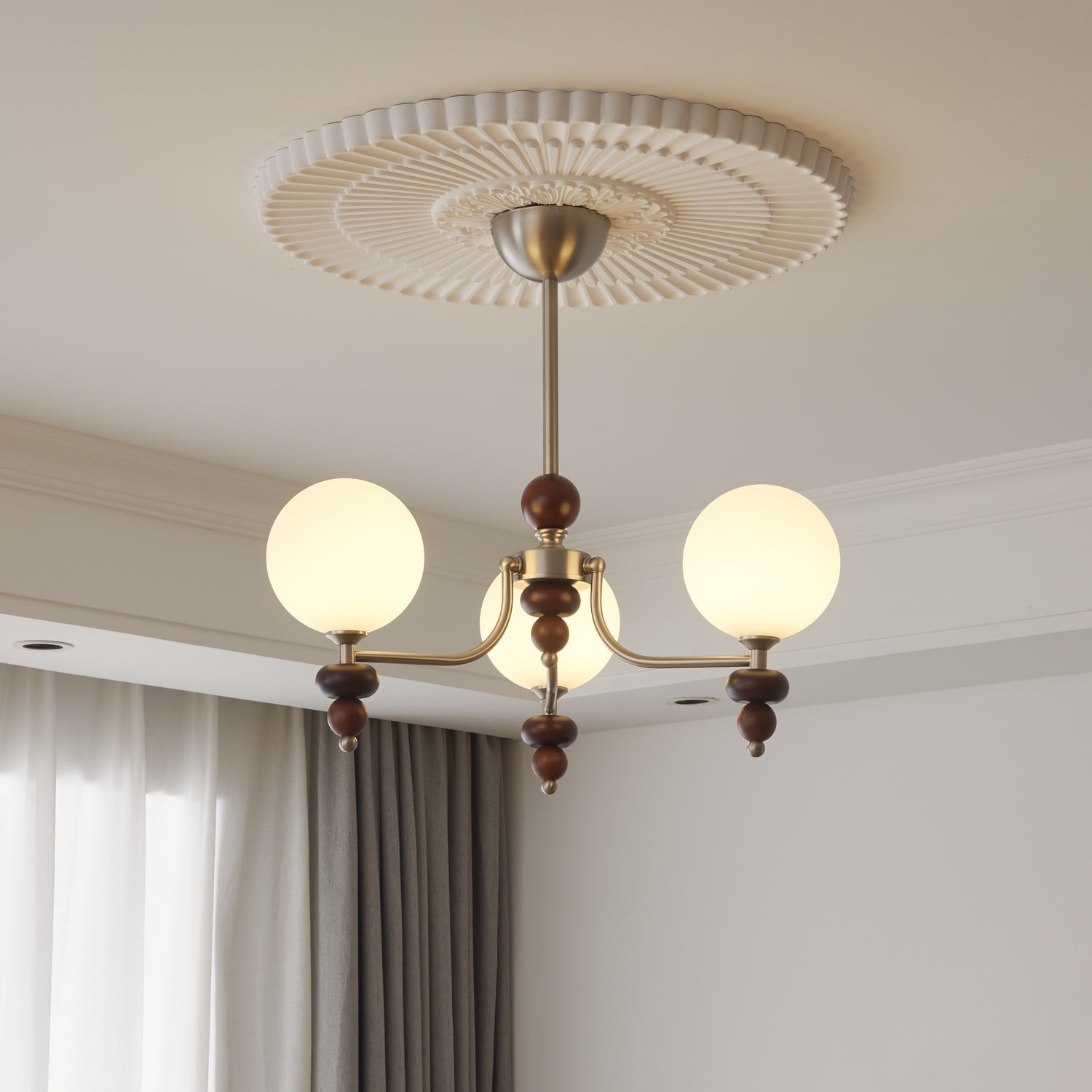 Cemarus Traditional Sphere Walnut Wood Glass Chandelier