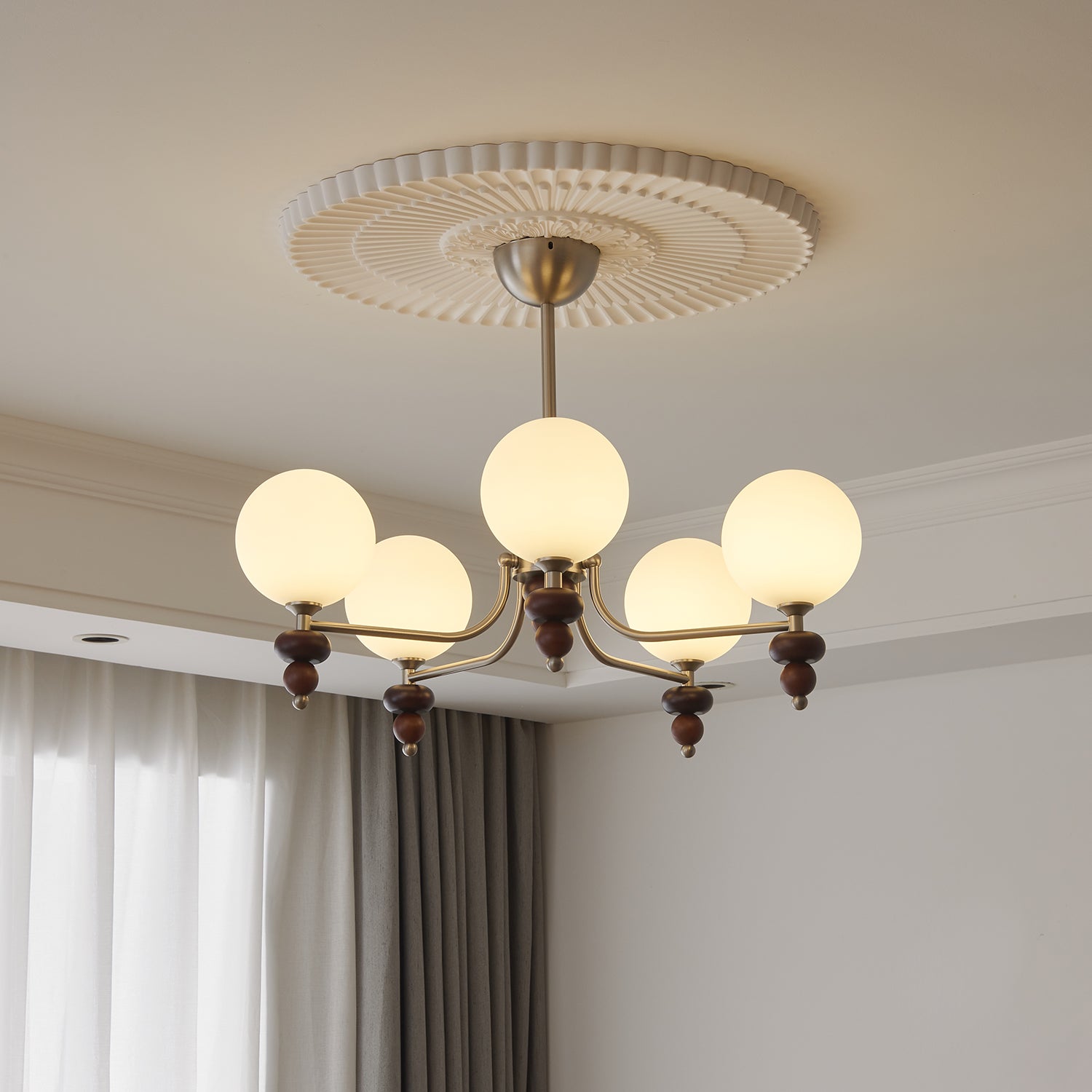 Cemarus Traditional Sphere Walnut Wood Glass Chandelier